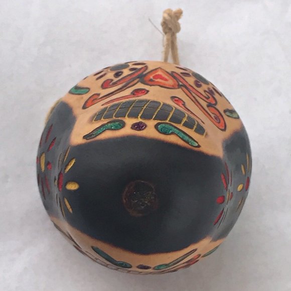 💀Handmade in Mexico GOURD SKULL RATTLE Ornament Day of the Dead Xmas Tree EX - Picture 2 of 3